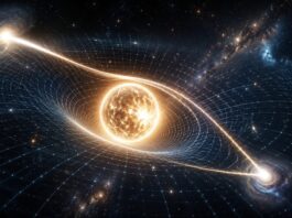 Spacetime curving around a mass with starlight bending, symbolizing Einstein and relativity