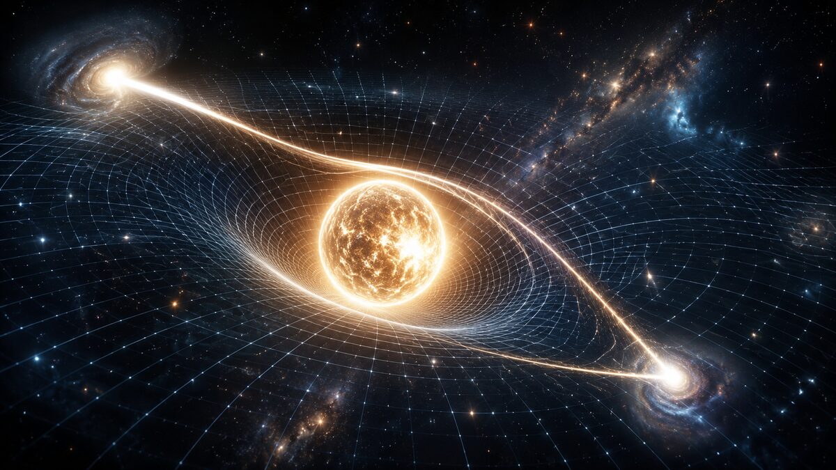 Einstein relativity and curved spacetime Spacetime curving around a mass with starlight bending, symbolizing Einstein and relativity