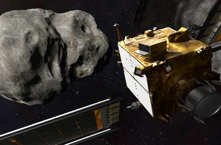 Illustration of NASA's DART planetary-defense mission approaching an asteroid