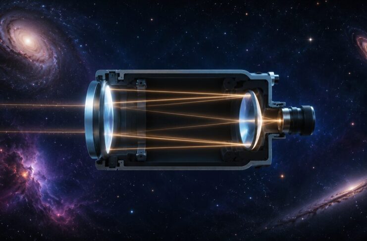 A cutaway of a catadioptric telescope showing light folding through a corrector lens and mirrors