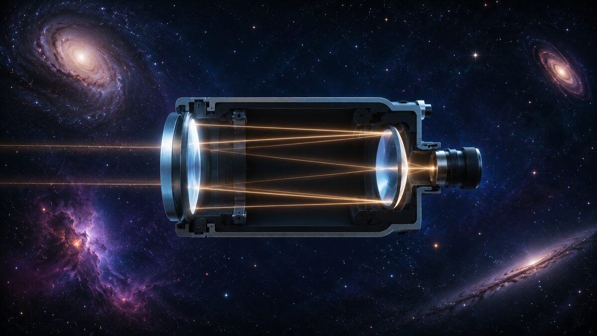 A cutaway of a catadioptric telescope showing light folding through a corrector lens and mirrors