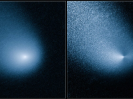 A comet imaged against the stars by the Hubble Space Telescope