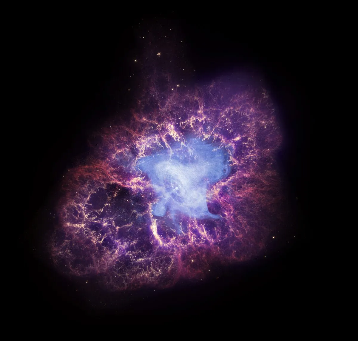 The Crab Nebula in a multiwavelength composite The Crab Nebula combines several types of astronomy in one multiwavelength image of X-ray, optical and infrared light