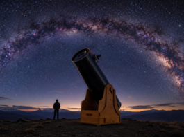 A large Dobsonian telescope on its rocker-box base on a dark hilltop under the stars