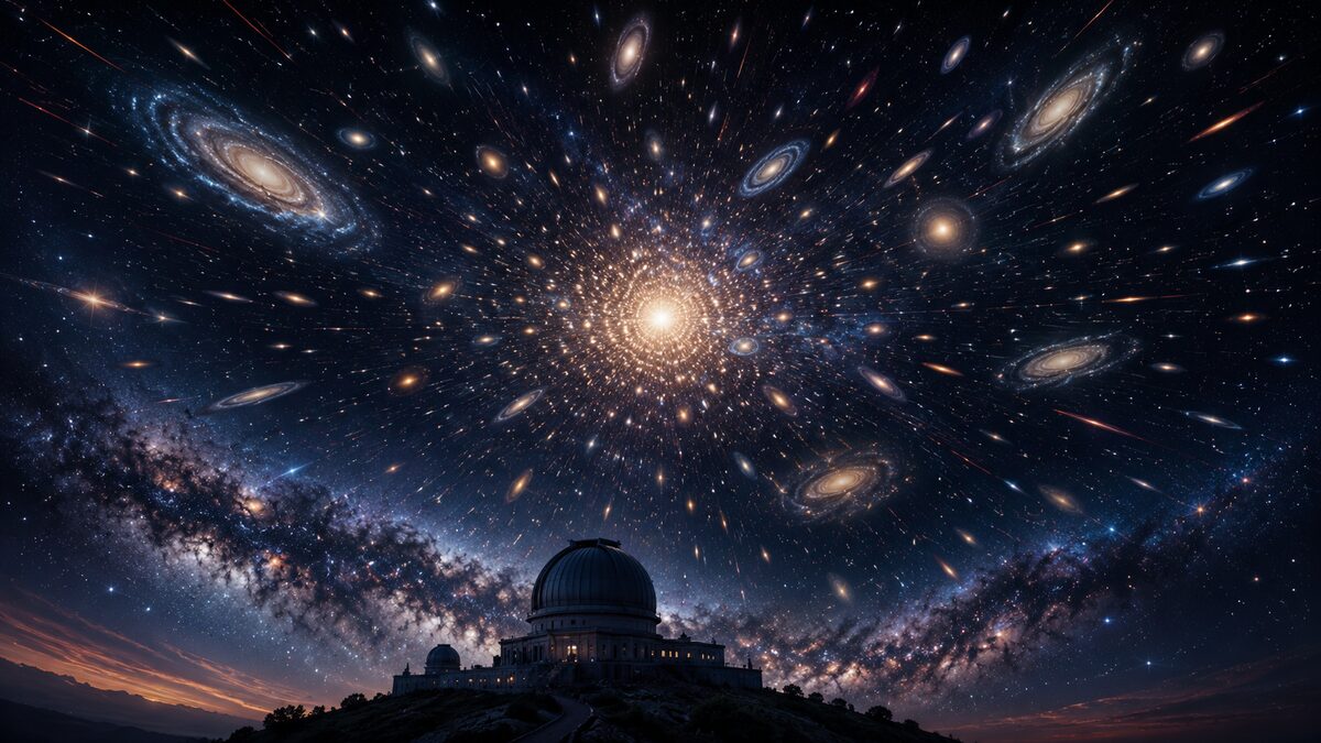 Edwin Hubble and the expanding universe Galaxies receding in an expanding universe above a domed observatory, for Edwin Hubble