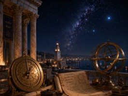 Ancient Alexandria with an astrolabe and armillary sphere under the stars, for Hypatia