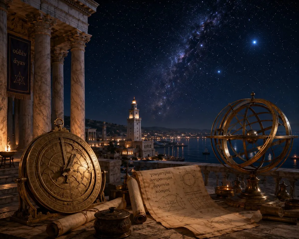Hypatia of Alexandria astronomy and mathematics Ancient Alexandria with an astrolabe and armillary sphere under the stars, for Hypatia