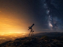 Astrophotography under light pollution: a starry night sky glowing above a city skyline