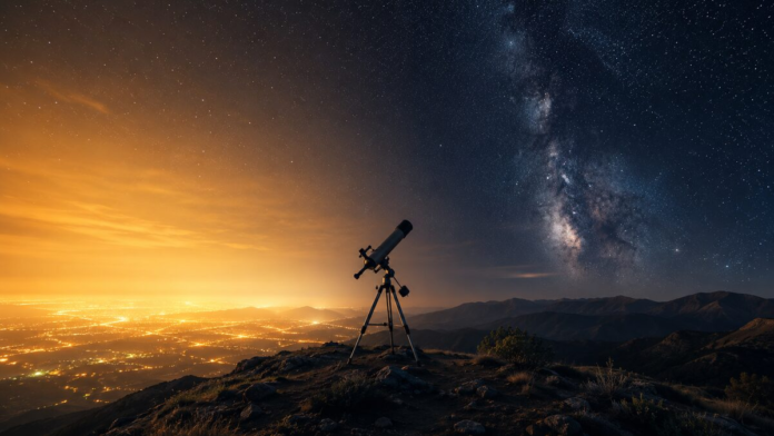 Light Pollution Astrophotography Astrophotography under light pollution: a starry night sky glowing above a city skyline