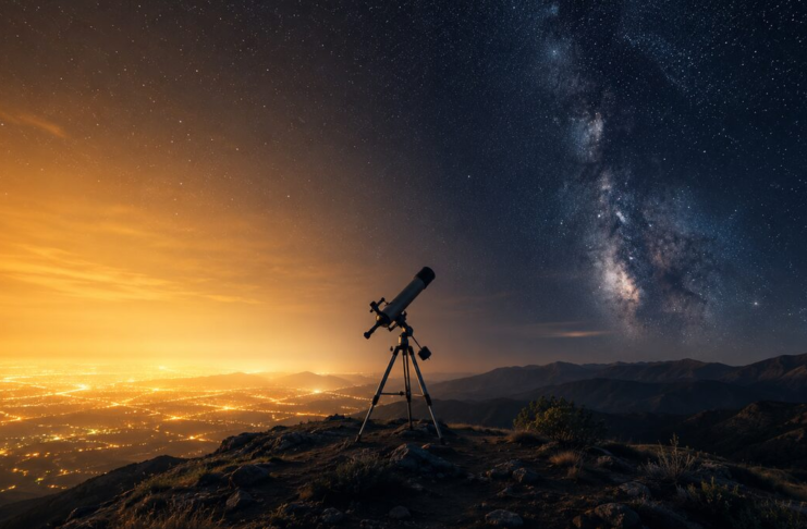 Astrophotography under light pollution: a starry night sky glowing above a city skyline