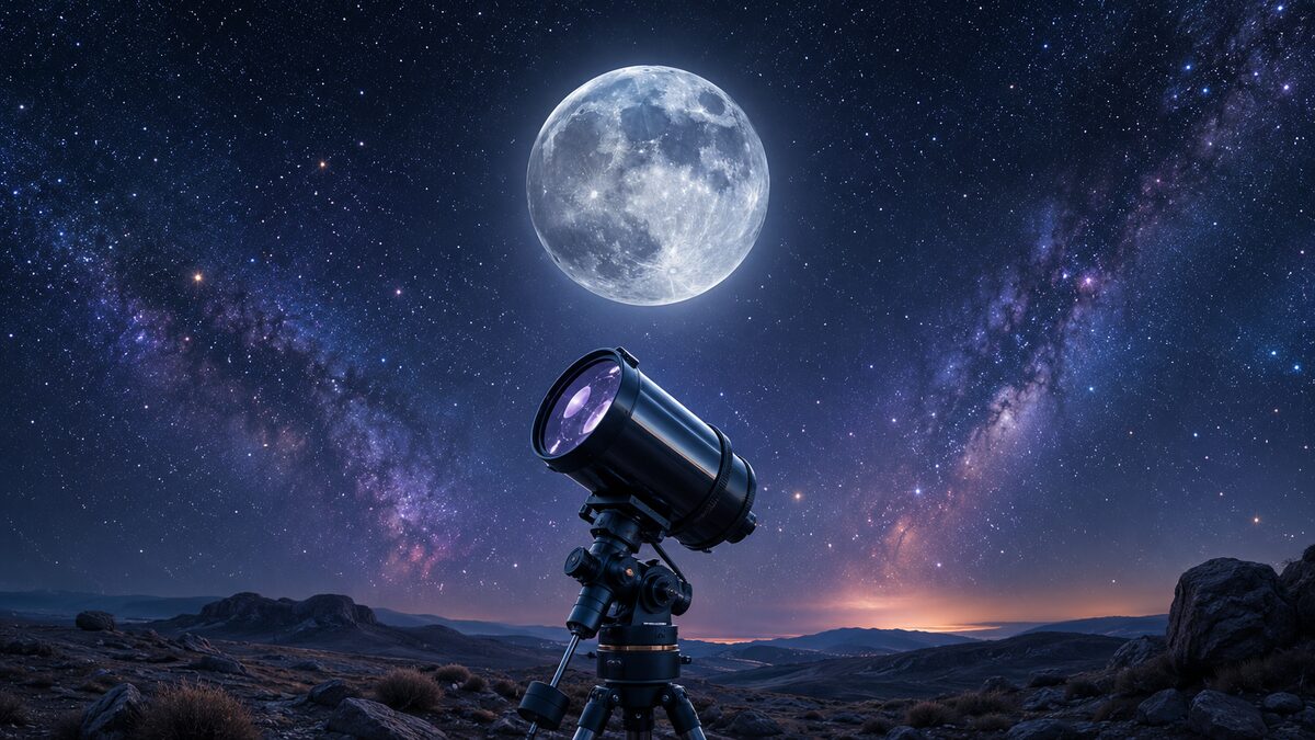 Maksutov telescope and the full Moon A Maksutov-Cassegrain telescope aimed at a detailed full Moon