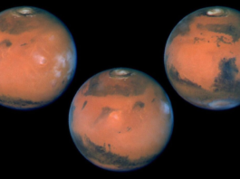 Mars, the red planet, imaged by the Hubble Space Telescope
