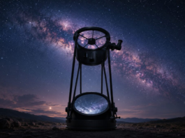An open-tube Newtonian reflector telescope under the Milky Way, its primary mirror catching starlight
