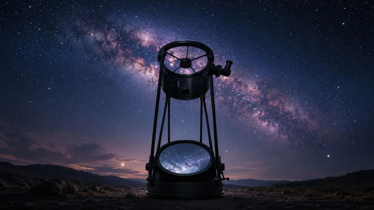 Reflector telescope under the Milky Way An open-tube Newtonian reflector telescope under the Milky Way, its primary mirror catching starlight