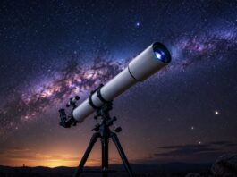 A refractor telescope on a tripod under a starry Milky Way sky