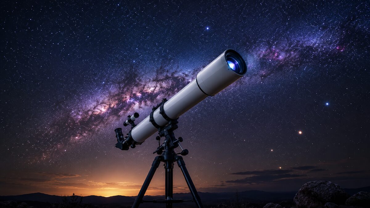 Refractor telescope under the night sky A refractor telescope on a tripod under a starry Milky Way sky
