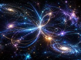 Glowing particle trails and quantum light paths in deep space, for Richard Feynman