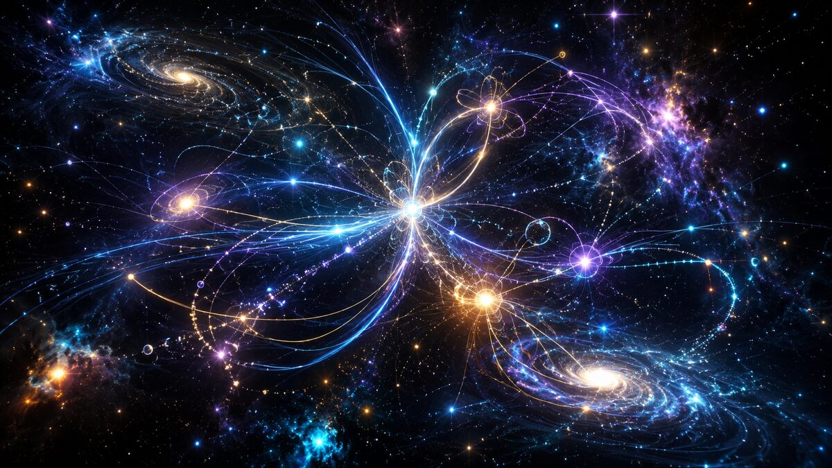 Glowing particle trails and quantum light paths in deep space, for Richard Feynman