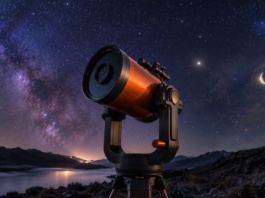 A Schmidt-Cassegrain telescope on a fork mount beneath a crescent moon and bright planet