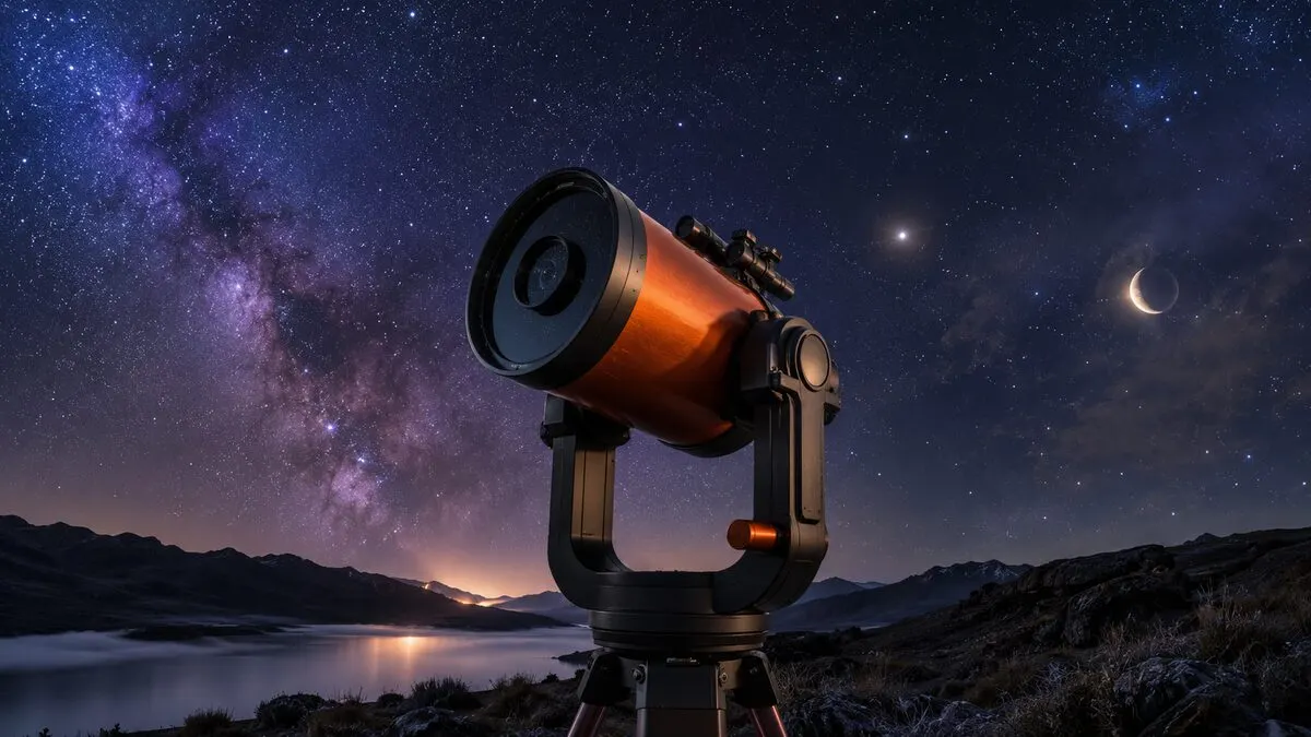 Schmidt-Cassegrain telescope under a crescent moon A Schmidt-Cassegrain telescope on a fork mount beneath a crescent moon and bright planet