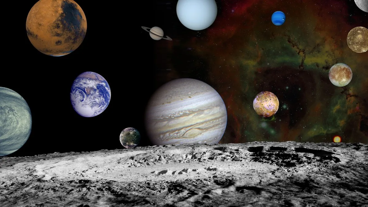 solar-system-hero NASA Voyager montage of the solar system's planets over a lunar surface