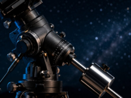 Telescope on a German equatorial mount beneath the Milky Way, showing the counterweight bar and tilted polar axis