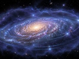 A spiral galaxy wrapped in a glowing dark-matter halo, for Vera Rubin