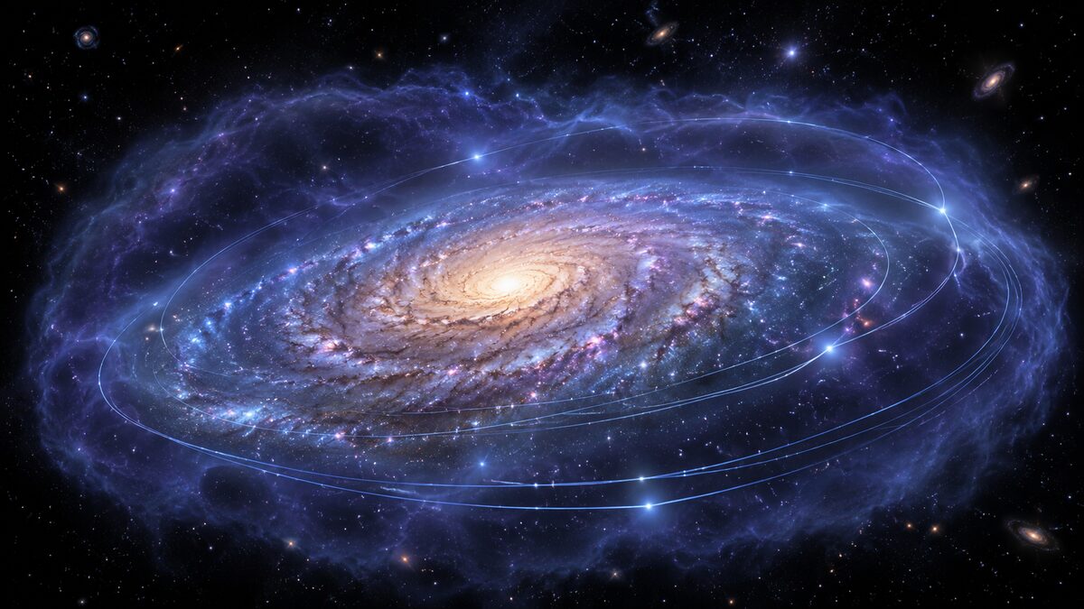 A spiral galaxy wrapped in a glowing dark-matter halo, for Vera Rubin